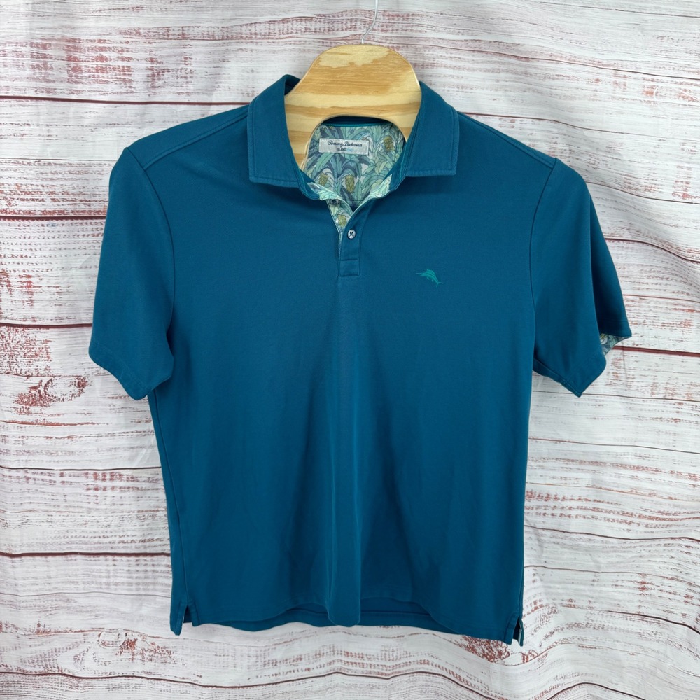 Tommy Bahama Polo Shirt Mens Size XL IslandZone Blue Short Sleeve Floral Trim - Picture 2 of 9